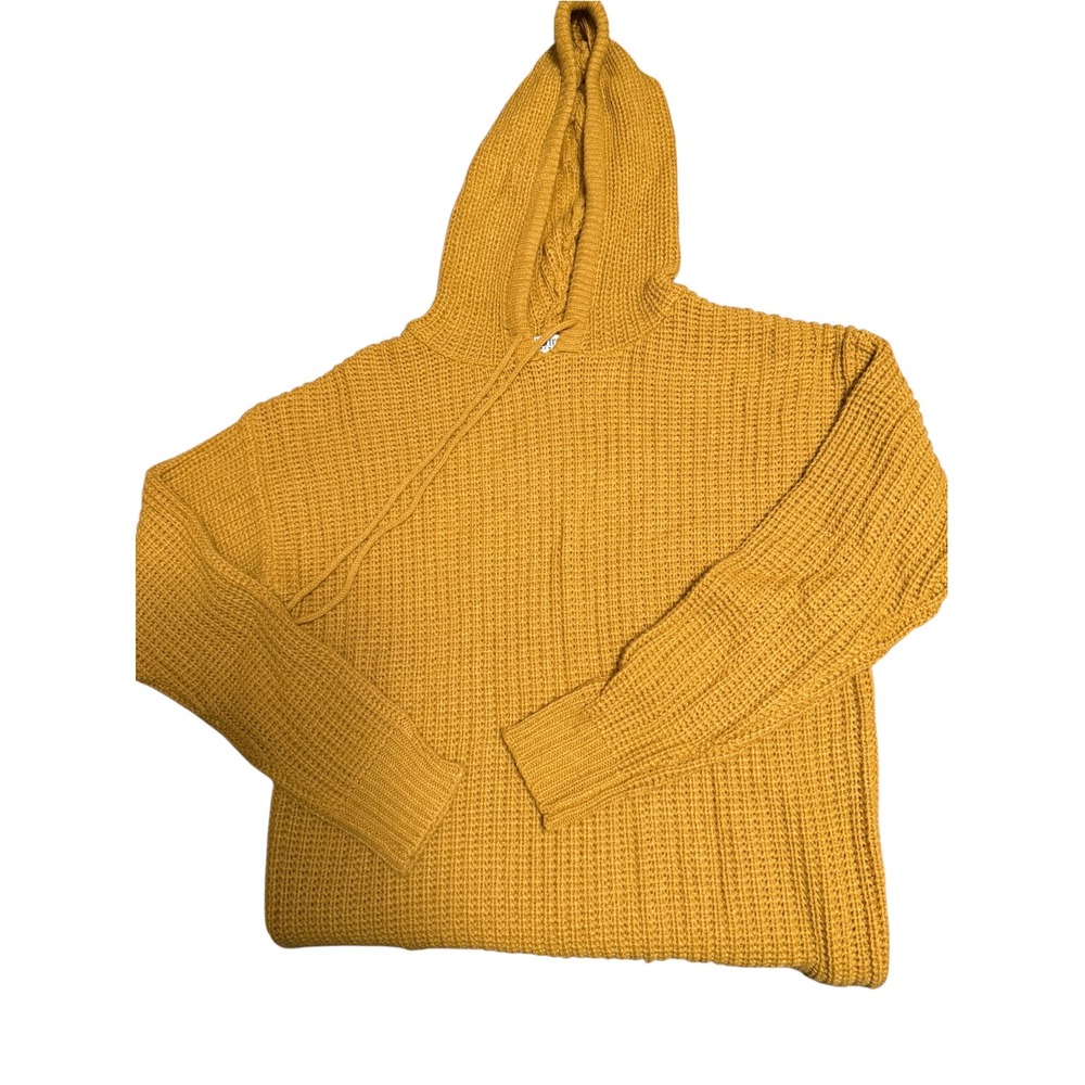 Full Circle Trends Mustard Yellow Knit Hoodie Sweater Waffle Textured Pullover M